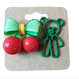 Kawaii Kidcore Y2K Mismatched Earrings Set Green Bear & Cherry Bow Novelty